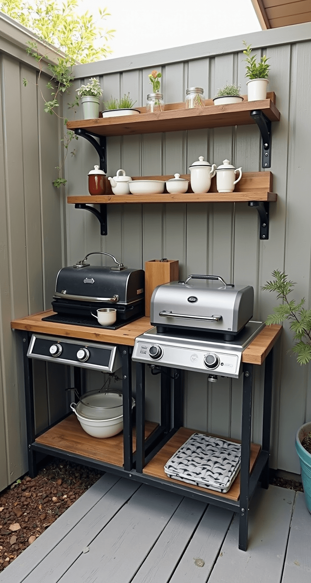 A cozy DIY outdoor kitchen setup in a 6x7ft patio corner, featuring a repurposed metal workbench as a prep station, a portable electric grill on a custom stand, reclaimed wood shelving with iron brackets, and styled with vintage enamelware and a mason jar herb garden, all illuminated by soft morning light and solar-powered accent lighting.