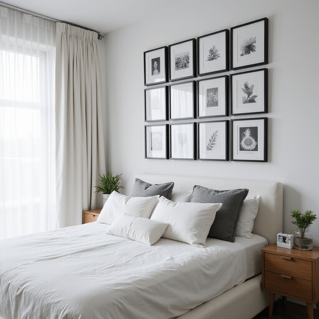Picture Wall Ideas: Transform Your Bedroom with Personal Style A modern bedroom with a low-profile platform bed and a classic 4x4 grid gallery wall above. The wall features sixteen black frames with black and white photographs, set against a 'Simply White' backdrop, illuminated by soft morning light through sheer white curtains. The crisp white linen bedding with minimal grey accents enhances the serene atmosphere, with a focus on geometric precision and symmetry.