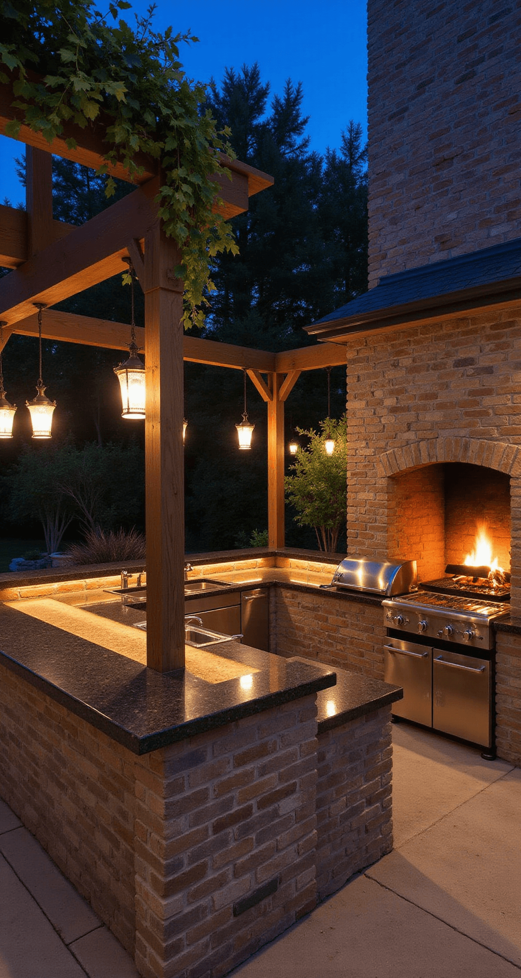 Twilight scene of an outdoor entertaining space with an 18ft stone fireplace backdrop, L-shaped kitchen with weathered brick base cabinets and leathered black granite countertops reflecting flames, iron lanterns providing warm light, surrounded by a timber frame structure with climbing vines, creating an intimate rustic atmosphere.