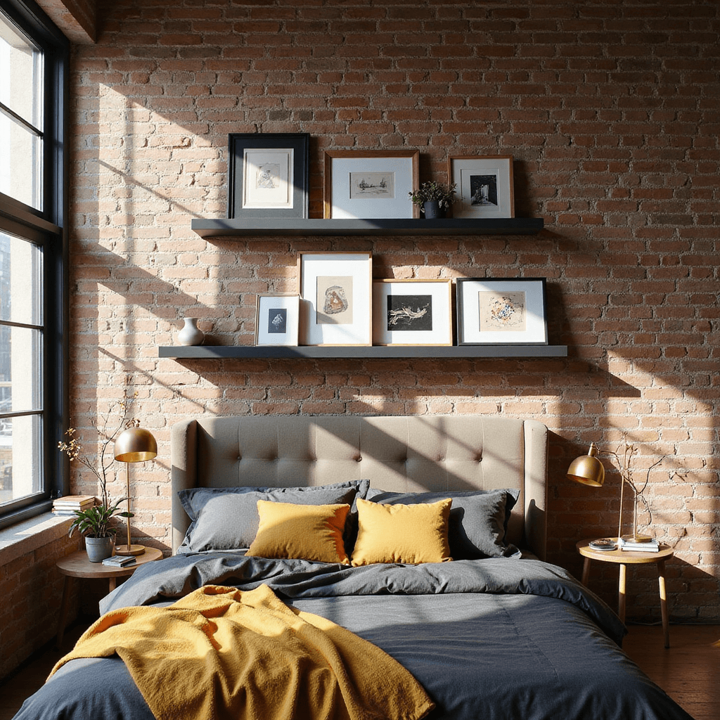 Picture Wall Ideas: Transform Your Bedroom with Personal Style A contemporary loft bedroom with three staggered floating picture ledges on an exposed brick wall, showcasing a mix of black, oak, and brass frames with abstract art and sculptures. Morning light filters through industrial windows, creating shadows, while charcoal linen bedding with mustard accents enhances the urban vibe.