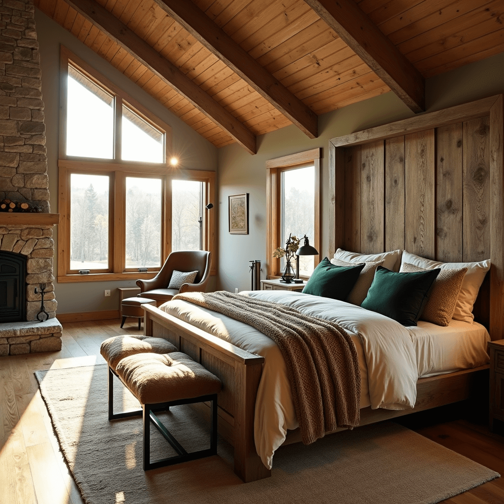 Rustic Bedroom Ideas: Transform Your Space into a Cozy Mountain Retreat A spacious master bedroom featuring a king bed with a tall headboard, dressed in cream linens and earthy knit throws, illuminated by golden hour sunlight through timber-framed windows, with weathered oak beams, a distressed leather armchair, a black floor lamp, and a raw stone fireplace.