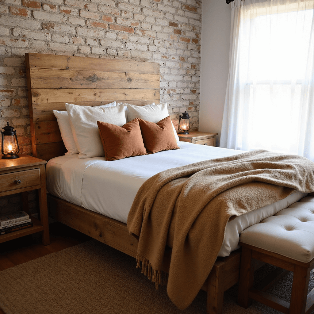 Rustic Bedroom Ideas: Transform Your Space into a Cozy Mountain Retreat A cozy 12x12ft bedroom at dawn, featuring a handcrafted queen bed with a DIY pallet wood headboard, white cotton sheets, a camel wool blanket, and textured pillows in terracotta and cream, flanked by vintage copper lanterns on antique pine nightstands, set against a warm white exposed brick wall, captured at bed level with shallow depth of field.
