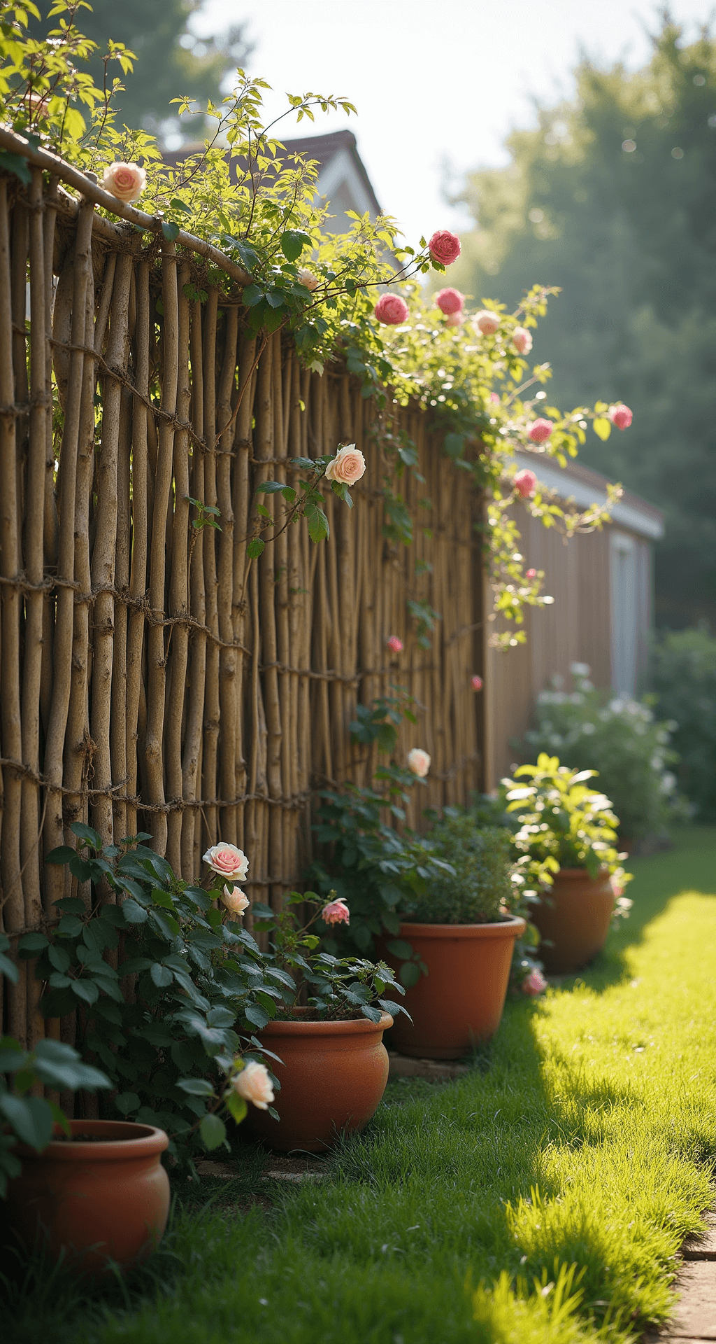 A sunlit garden corner with a tall handwoven wattle fence made of birch branches, early morning light casting shadows on dewy grass, wild climbing roses intertwining with the fence, and terracotta pots at the base, all enveloped in a gentle morning mist.