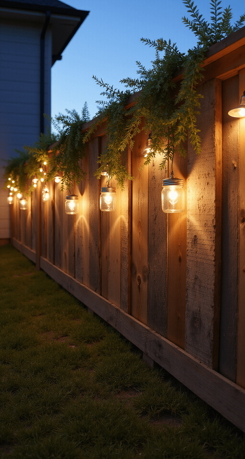 Wide-angle shot of a rustic 20ft pallet fence made of weathered gray and brown wood, featuring vintage mason jars with solar lights, trailing jasmine, and fairy lights, all illuminated by warm evening light to highlight the wood grain, with deep shadows adding dramatic depth.