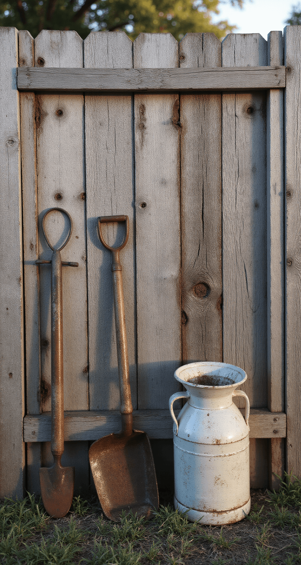 Intimate portrait of a weathered barnwood fence corner, showing aged boards, an antique milk can, and garden tools, captured during golden hour with natural light emphasizing rustic textures in silvered grays and deep browns.