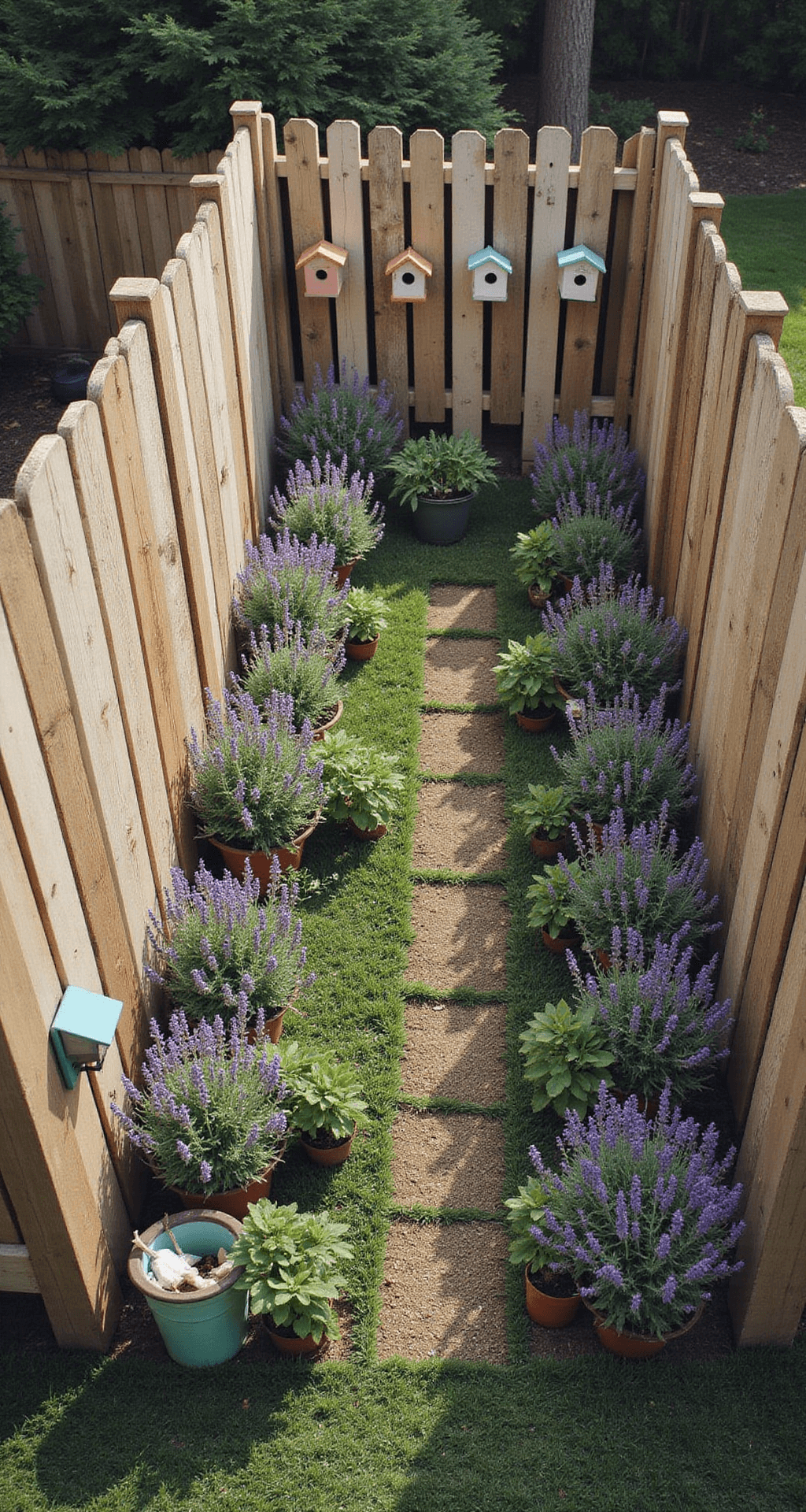Overhead view of a 30x40ft garden enclosure featuring vintage crates and reclaimed lumber, illuminated by morning light. The scene includes pastel-painted birdhouses along the fence and potted lavender arranged at the base, all captured from 75ft elevation with a desaturated vintage color treatment that highlights the textures and geometric patterns.
