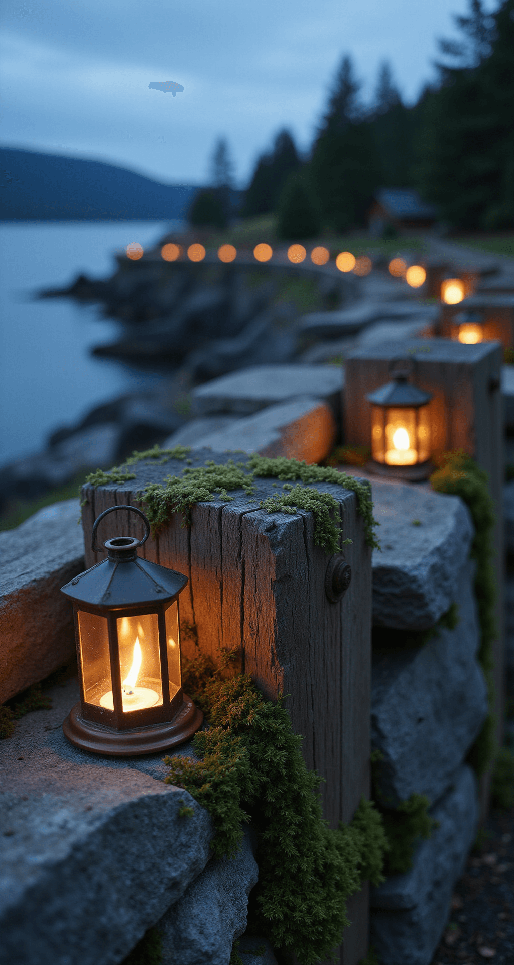 Detail shot of a stone and wood fence with moss-covered fieldstones, wooden posts, and hemp rope, illuminated by warm copper solar lanterns during blue hour; features dreamy bokeh and contrasting cool evening tones.