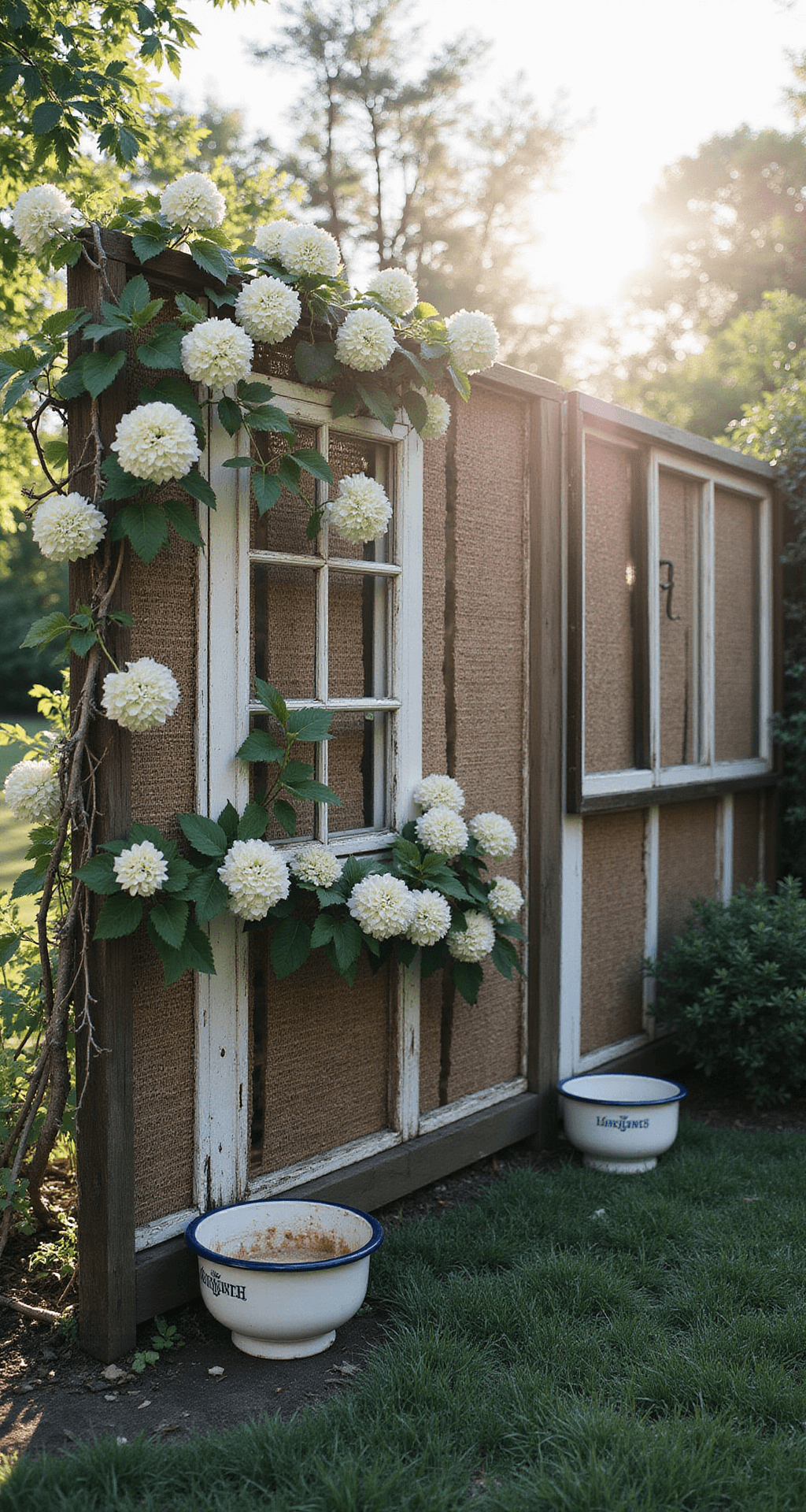 A corner view of a 10x12ft mixed-material fence made of woven branches, reclaimed boards, and vintage window frames, bathed in late afternoon sunlight. Climbing hydrangeas soften the structure, complemented by vintage enamelware planters, while atmospheric lens flare adds a romantic touch.