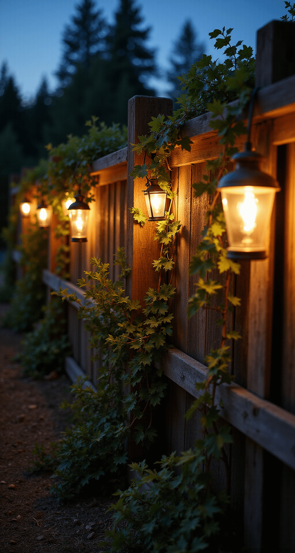 A low-angle view of a 15ft rustic fence section adorned with string lights and vintage lanterns, glowing against a deep blue twilight sky, with silhouetted trailing vines and ethereal bokeh effects.