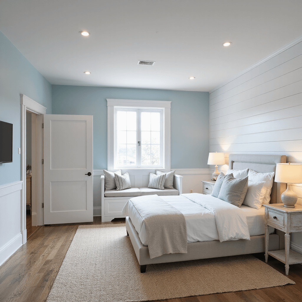 Coastal-inspired basement bedroom featuring a shiplap accent wall, whitewashed furniture, a queen bed, and a built-in window seat, flooded with mid-morning light and layered artificial lighting, all in a pale blue and sandy beige color palette with weathered oak flooring.