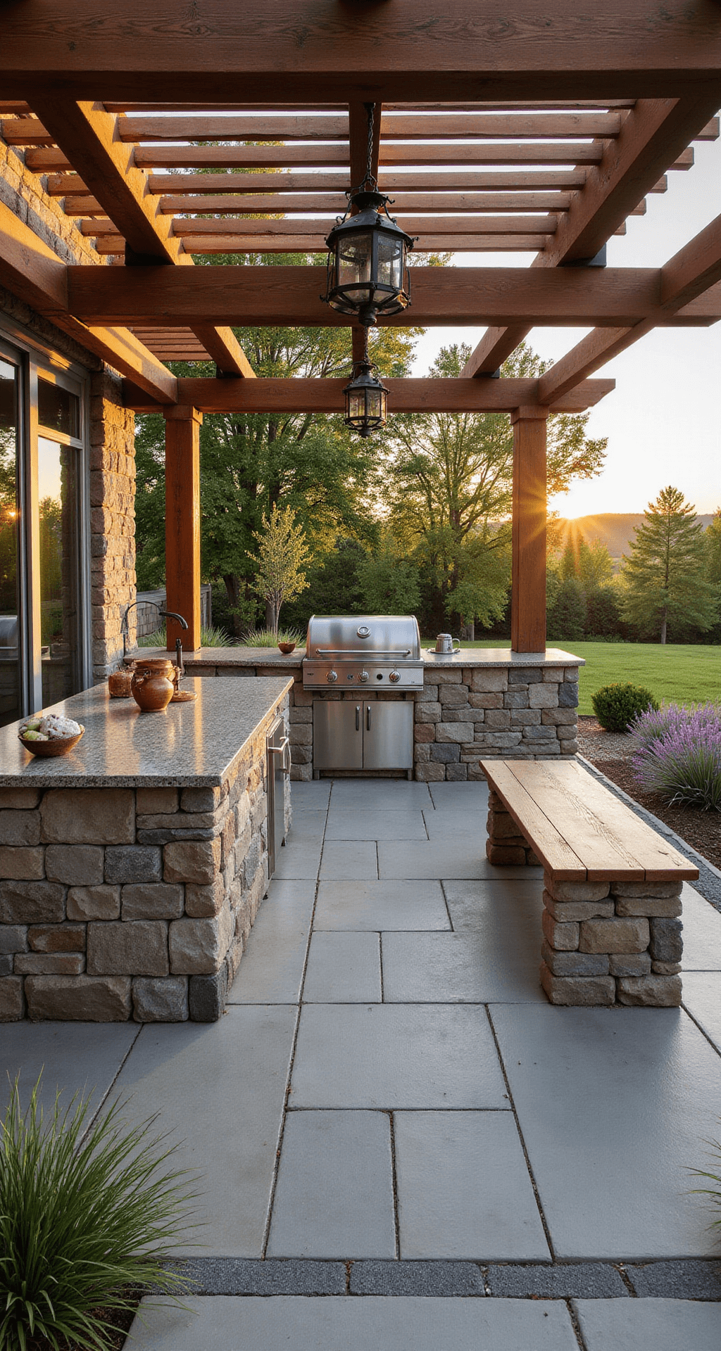 A rustic outdoor BBQ area with a stone-paved patio, featuring a granite countertop island with a stainless steel grill, reclaimed wooden bench seating under a cedar pergola, and surrounding native grasses and lavender, all illuminated by warm golden hour sunlight.