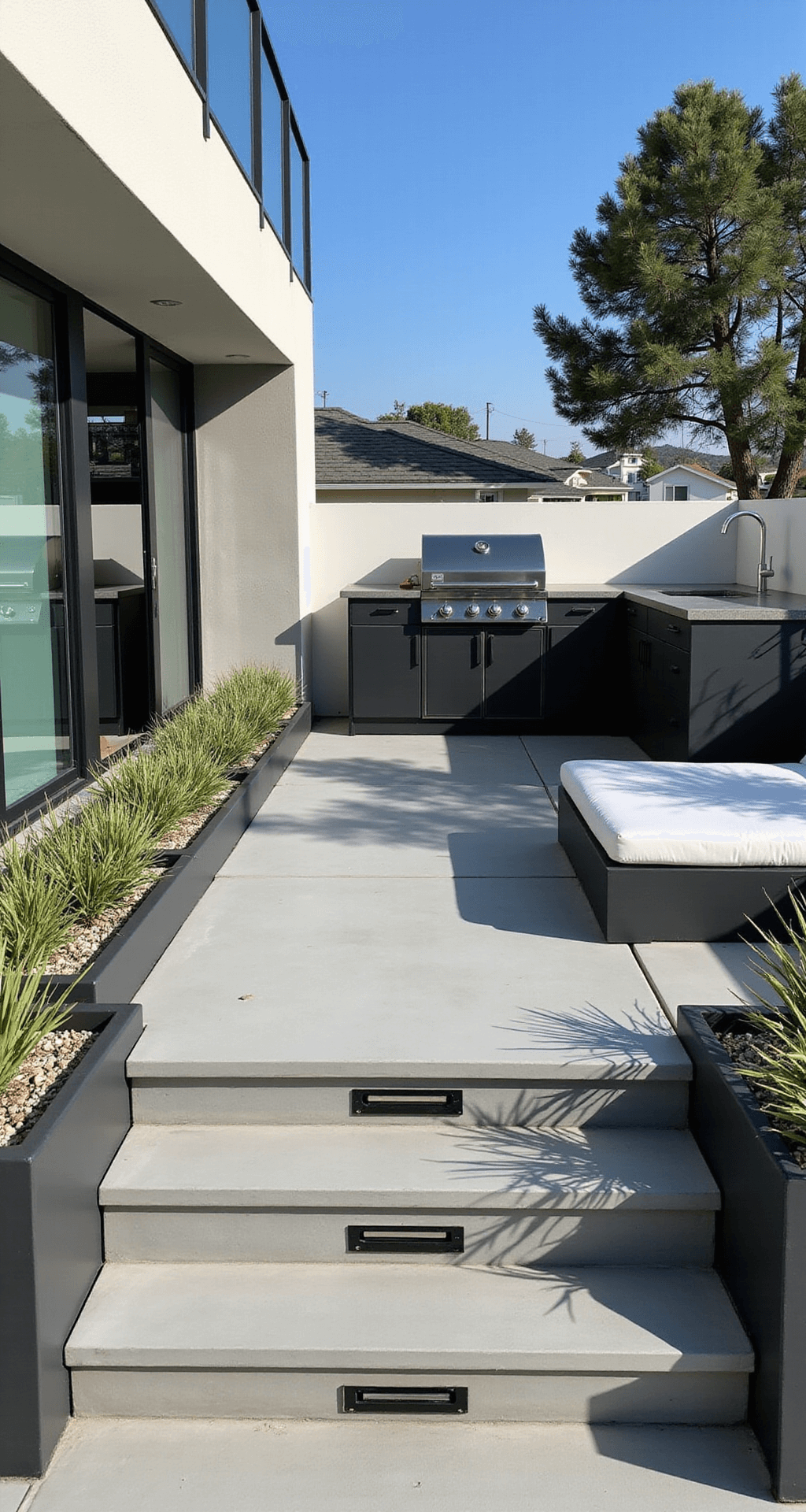 A modern minimalist BBQ zone featuring a sleek concrete platform with a matte black grill station, floating prep surfaces, charcoal grey sectional seating, geometric planters, recessed LED lighting, glass windbreaks, and chrome hardware, all under bright midday light.