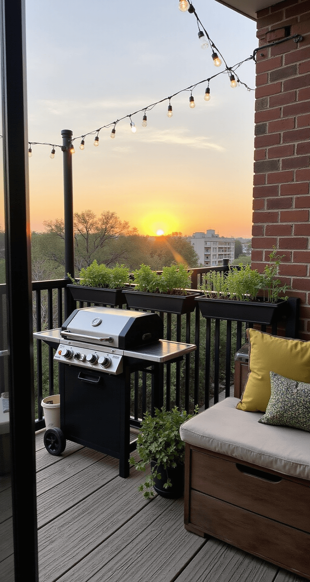 A compact urban balcony at sunset featuring a fold-down teak wall-mounted table, a portable gas grill, and a multi-functional storage bench with cushions, surrounded by a vertical herb garden on rail planters. String lights enhance the ambiance, with a color palette of teak brown, charcoal, and green, showcasing modern outdoor fabrics and a harmonious blend of metal and wood textures.