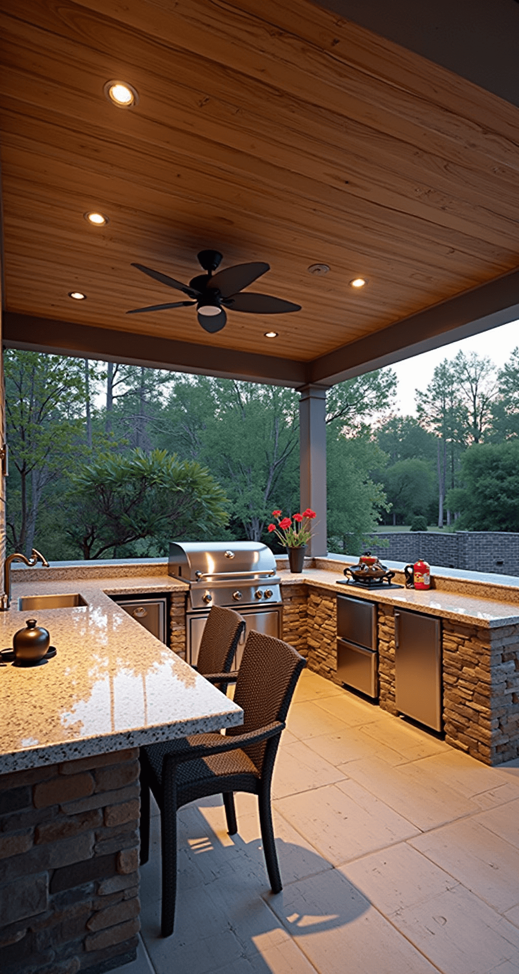 A spacious backyard outdoor kitchen featuring an L-shaped layout with granite counters, a pizza oven, smoker, and gas grill, set within a covered pavilion with a cedar ceiling. The area includes a conversation space with all-weather wicker furniture, captured from an elevated angle during late afternoon, showcasing natural light and ambient LED lighting in earth tones with dark bronze fixtures.