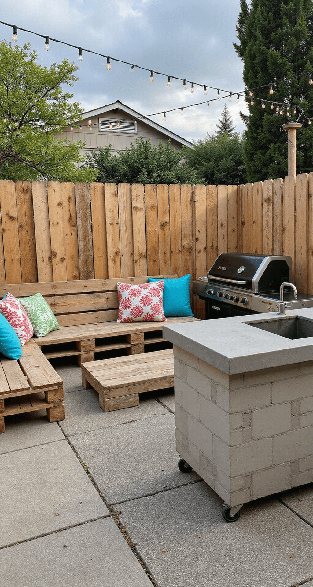 A transformed 15x20ft patio featuring repurposed pallet furniture with colorful cushions, a mobile grill station, and a DIY concrete counter on a cinder block base, all illuminated by string lights in bright natural lighting, showcasing handcrafted details and weathered wood tones with bright fabric and galvanized metal accents.