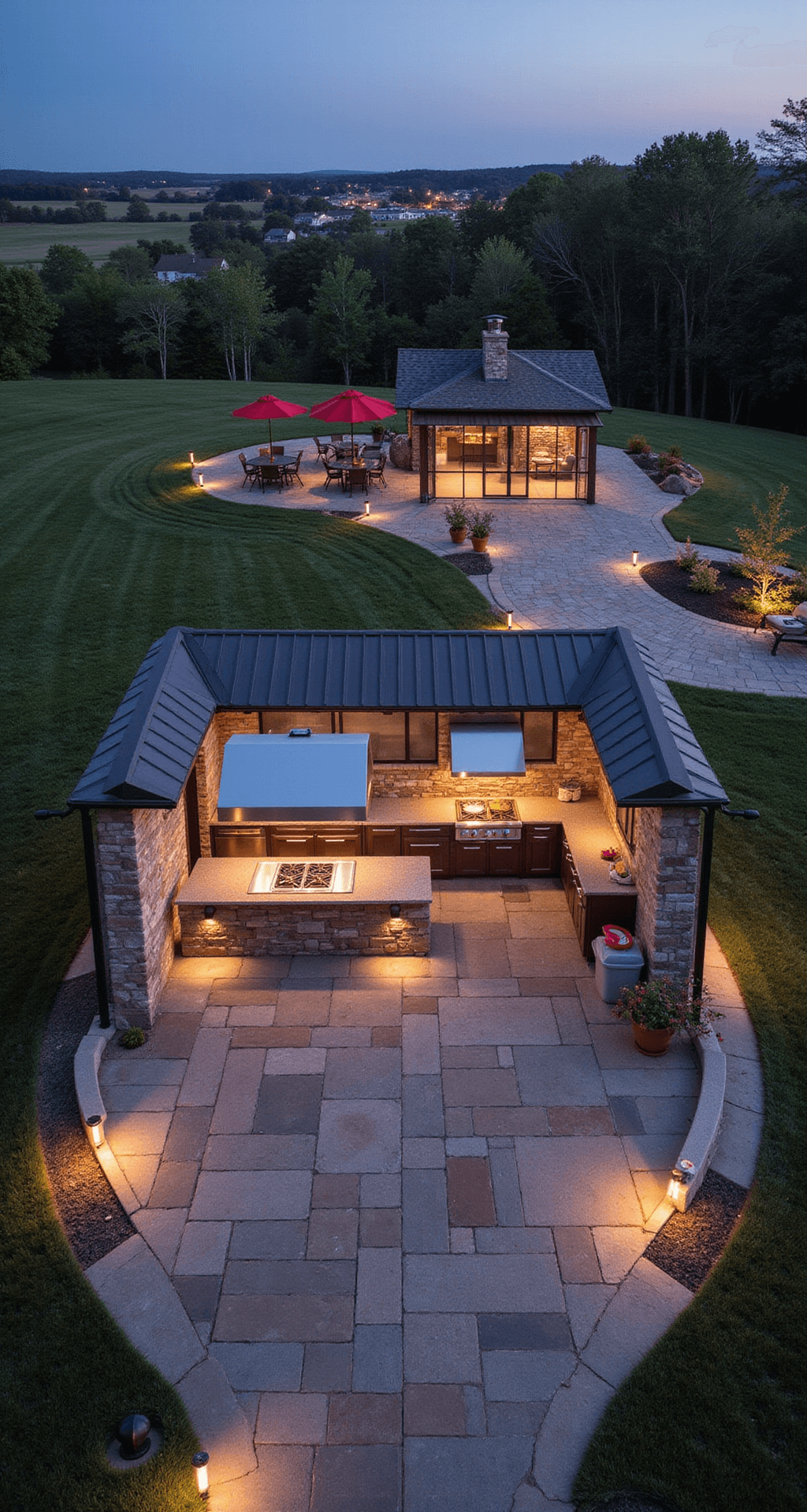 An aerial view of a safety-first entertainment zone featuring a 30x20ft cooking area with stone pavers and built-in lighting, highlighting defined cooking and dining zones. The scene includes a commercial-grade ventilation hood over the grill station, wide non-slip pathways, emergency lighting, and clearly marked exits. Ambient and task lighting enhances the professional stainless steel finishes accented with red and reflective elements, illustrating effective traffic flow.