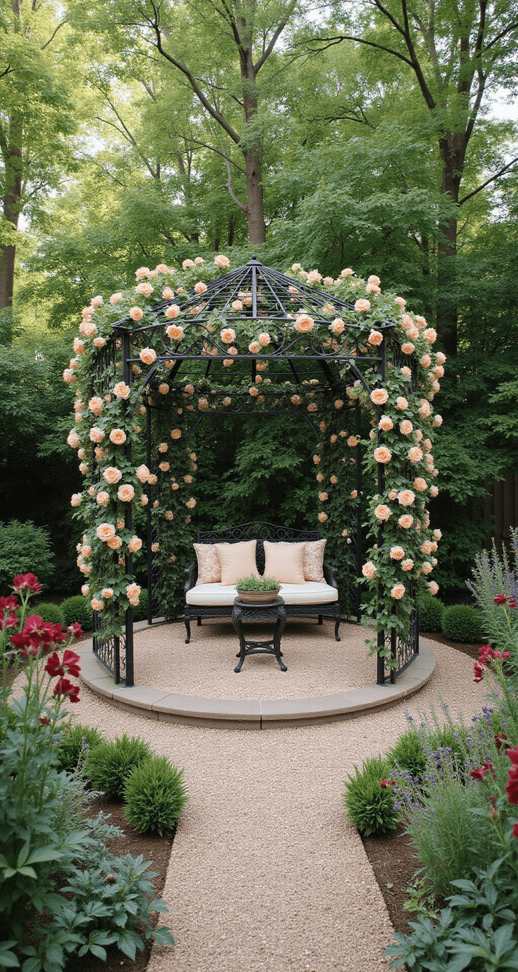 A bird's eye view of a circular garden room, 12ft in diameter, surrounded by climbing apricot and cream roses. At the center, an iron gazebo with seating adorned in vintage French linens. Burgundy hollyhocks and silver artemisia plantings surround the area, featuring a gravel floor radiating from the center. Dappled light patterns are created overhead.
