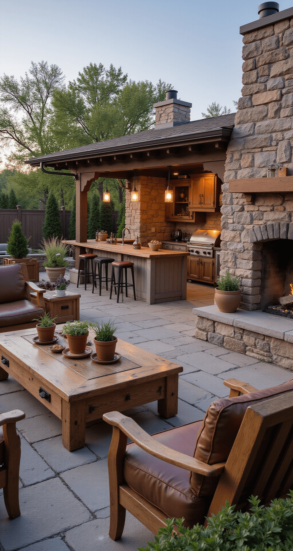 Wide-angle view of a rustic outdoor kitchen on a stone-paved patio at golden hour, featuring a large weathered stone fireplace, an L-shaped kitchen with reclaimed barn wood countertops and copper sink, vintage pendant lights, distressed leather armchairs around a chunky table, and herb-filled terra cotta pots along cedar planters, all bathed in warm evening light.