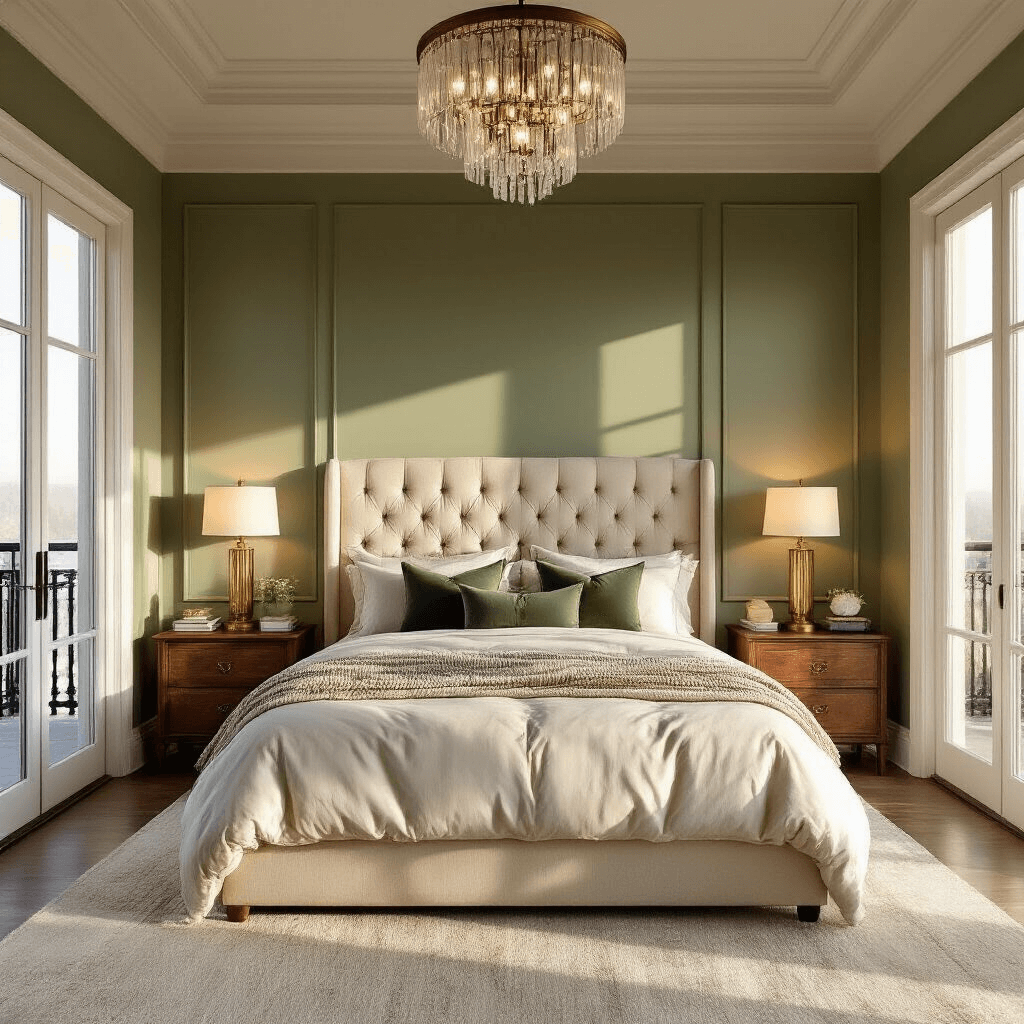 Primary Bedroom Ideas: Transform Your Personal Sanctuary in 2024 Spacious primary bedroom with warm golden hour sunlight, featuring a king bed with ivory bedding, twin brass lamps on walnut nightstands, and a sage green accent wall, framed by French doors leading to a balcony.