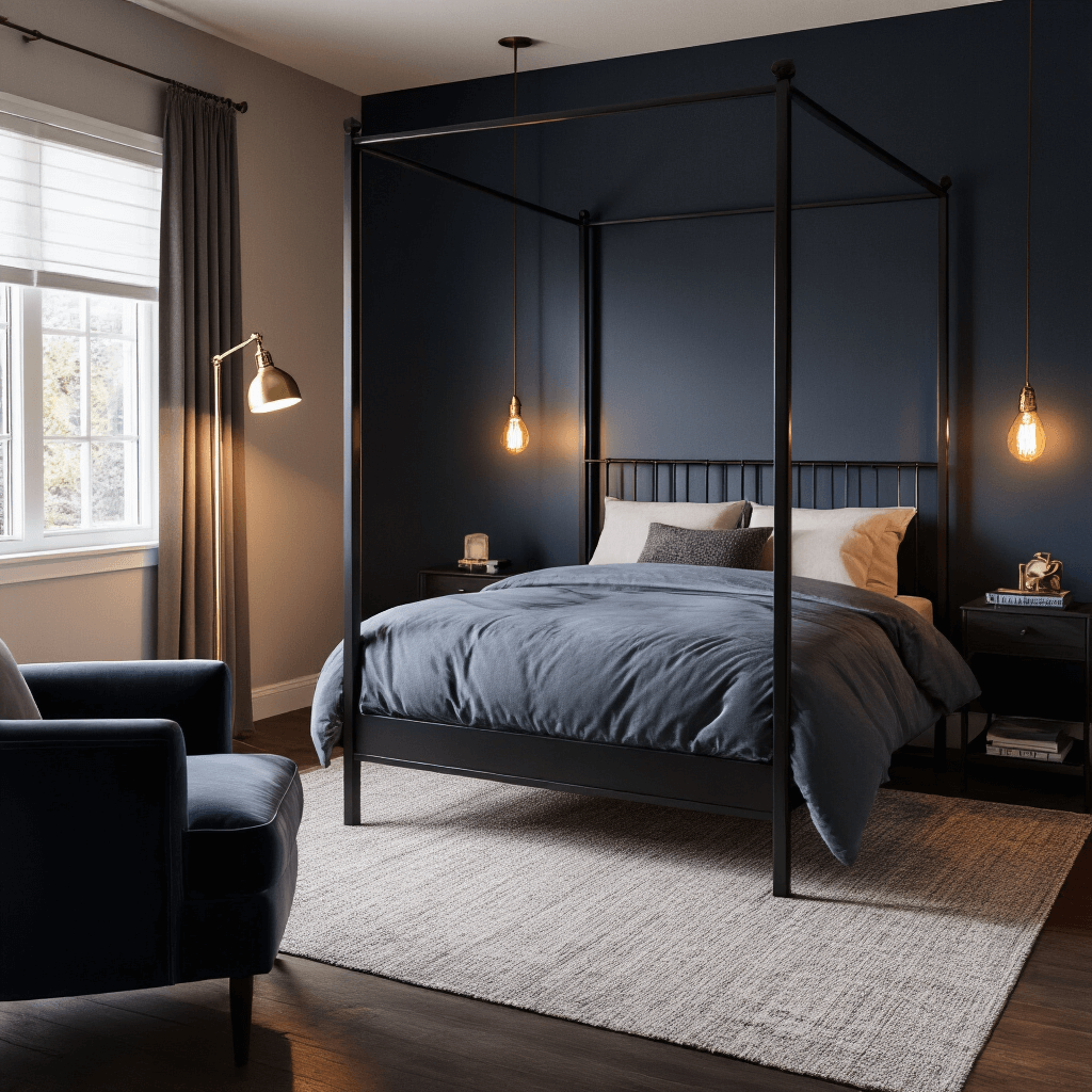 Primary Bedroom Ideas: Transform Your Personal Sanctuary in 2024 A cozy bedroom featuring a modern black metal four-poster bed against a dark navy wall, illuminated by warm Edison bulb sconces and hidden LED strips, with a brass floor lamp highlighting a velvet reading nook, captured from a high angle for a moody atmosphere.