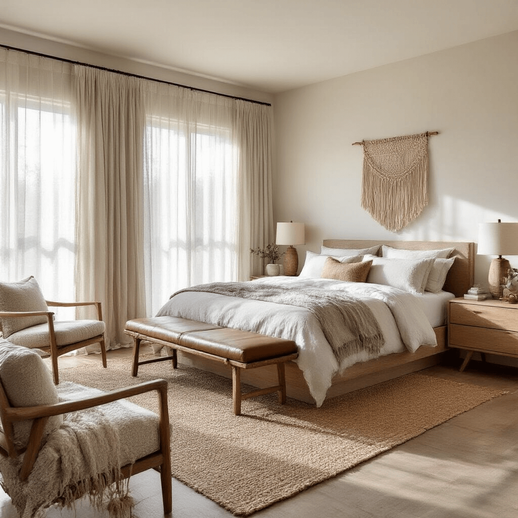 Primary Bedroom Ideas: Transform Your Personal Sanctuary in 2024 Contemporary primary suite featuring a platform bed with bleached oak nightstands, illuminated by morning light filtering through sheer linen drapes, complemented by a jute area rug, linen bedding, a leather bench, bouclé accent chair, and a macramé wall hanging, captured from the doorway to emphasize ceiling height and textural depth.