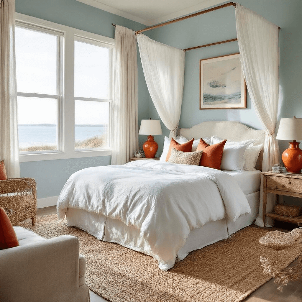 Primary Bedroom Ideas: Transform Your Personal Sanctuary in 2024 Coastal-inspired bedroom with pale dusty blue walls and a white canopy bed, featuring terracotta accents in lamps and artwork, warm neutral furniture, and a seagrass rug, captured in afternoon light.