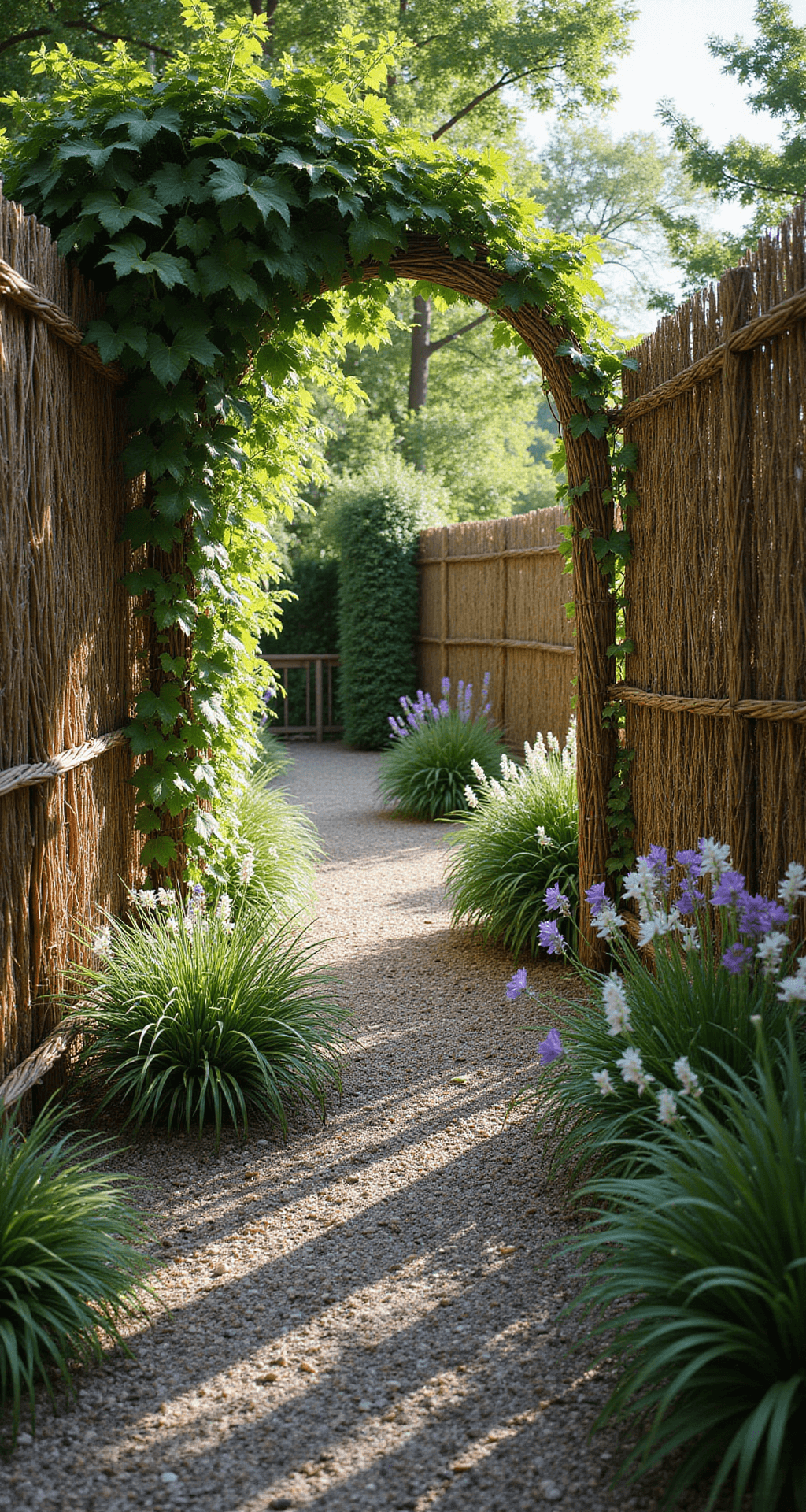 Late morning sunlight filters through a tall hand-woven willow fence, casting dappled shadows on a gravel path, with Boston ivy climbing and blooming foxgloves and allium nearby. The low camera angle emphasizes the fence's height and intricate weaving details in soft, overcast light.