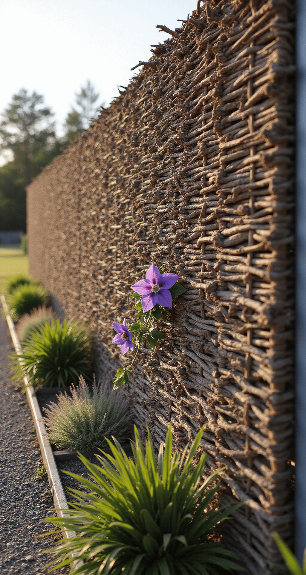 A woven hazel hurdle fence stands 5 feet tall in late afternoon light, featuring a horizontal weave pattern. Purple clematis interweaves through the fence, while gravel and steel edging add a contemporary touch. Ornamental grasses in the background catch the light, and the scene is captured from a 45-degree angle, showcasing the texture and warm tones of the hazel branches during golden hour.