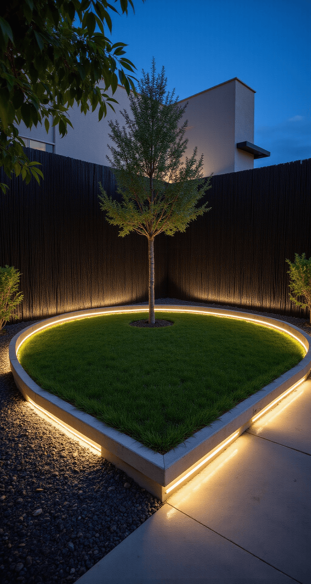 Circular Lawns: Transform Your Garden with Stunning Round Design A twilight view of a minimalist circular lawn surrounded by polished concrete edging and charcoal crushed granite, featuring LED uplighting on a black bamboo backdrop and a single sculptural olive tree offset from the center, captured from a low angle with a wide-angle lens to enhance the mood.