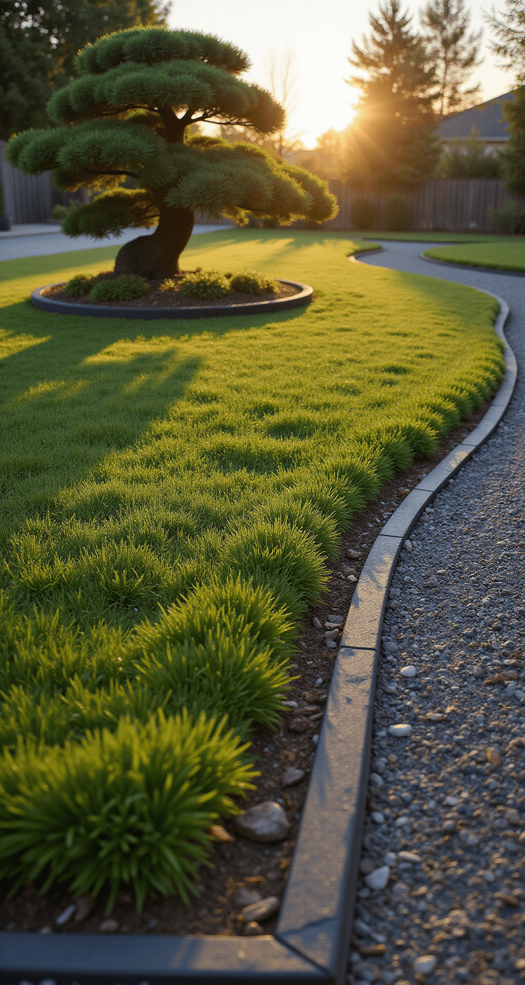 Circular Lawns: Transform Your Garden with Stunning Round Design Ground-level view of a small circular lawn surrounded by raked gravel at sunset, featuring a black granite edge and a sculptural cloud-pruned pine, with a moss garden below showcasing subtle colors.