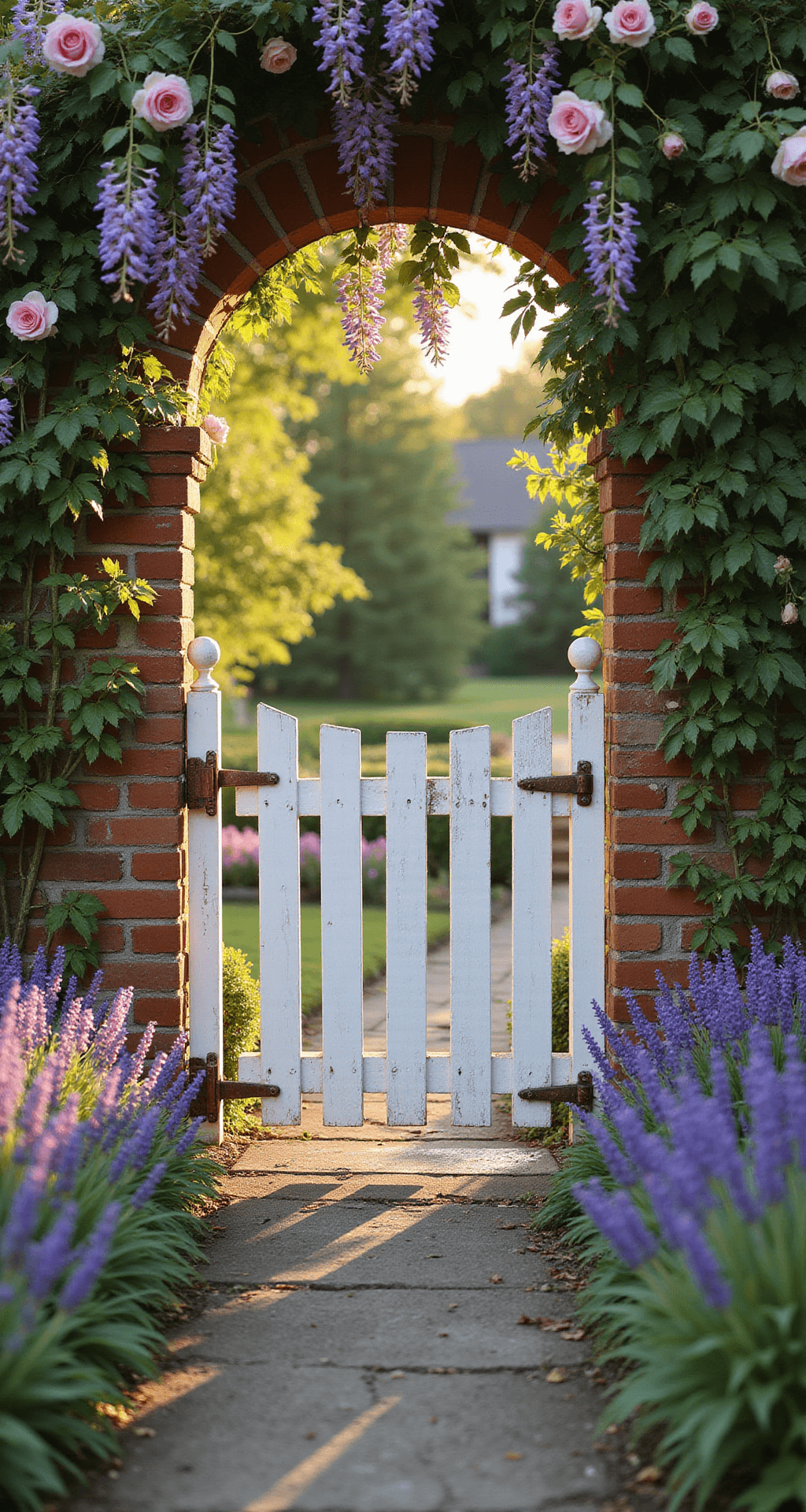 Cottage Garden Gate: Your Enchanting Entryway to Garden Magic Wide-angle view of an 8-foot-tall arched white picket gate in a brick archway, adorned with climbing pink David Austin roses and purple wisteria, captured at golden hour. Weathered copper hardware glimmers in the evening sunlight, with a stone pathway leading to a cottage garden filled with lavender borders and perennials. Soft bokeh effect enhances the dreamy atmosphere, with natural backlighting creating an ethereal glow around the flowers.