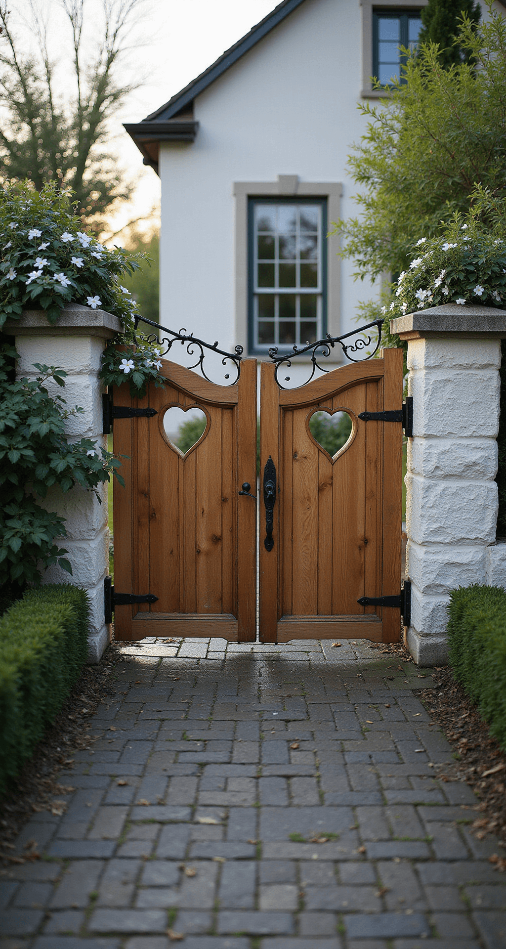 Cottage Garden Gate: Your Enchanting Entryway to Garden Magic Low-angle morning photo of a rustic cedar double gate with heart-shaped cutouts, surrounded by whitewashed stone pillars and climbing white clematis, with a dewy cobblestone path leading to it in soft morning light and mist.