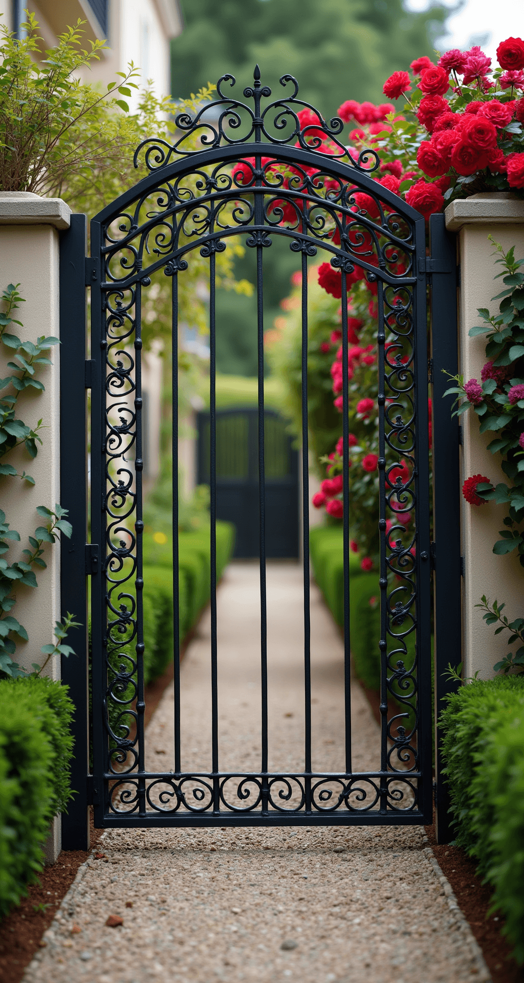 Cottage Garden Gate: Your Enchanting Entryway to Garden Magic Eye-level view of a vintage wrought iron gate with intricate scrollwork, standing 7 feet tall against cream stucco walls. The black metal contrasts with red climbing roses and deep purple clematis entwined in the design. A gravel path lined with established boxwood borders leads to the entrance, illuminated by dramatic side lighting that enhances the details of the gate, while the background features a softly blurred garden.