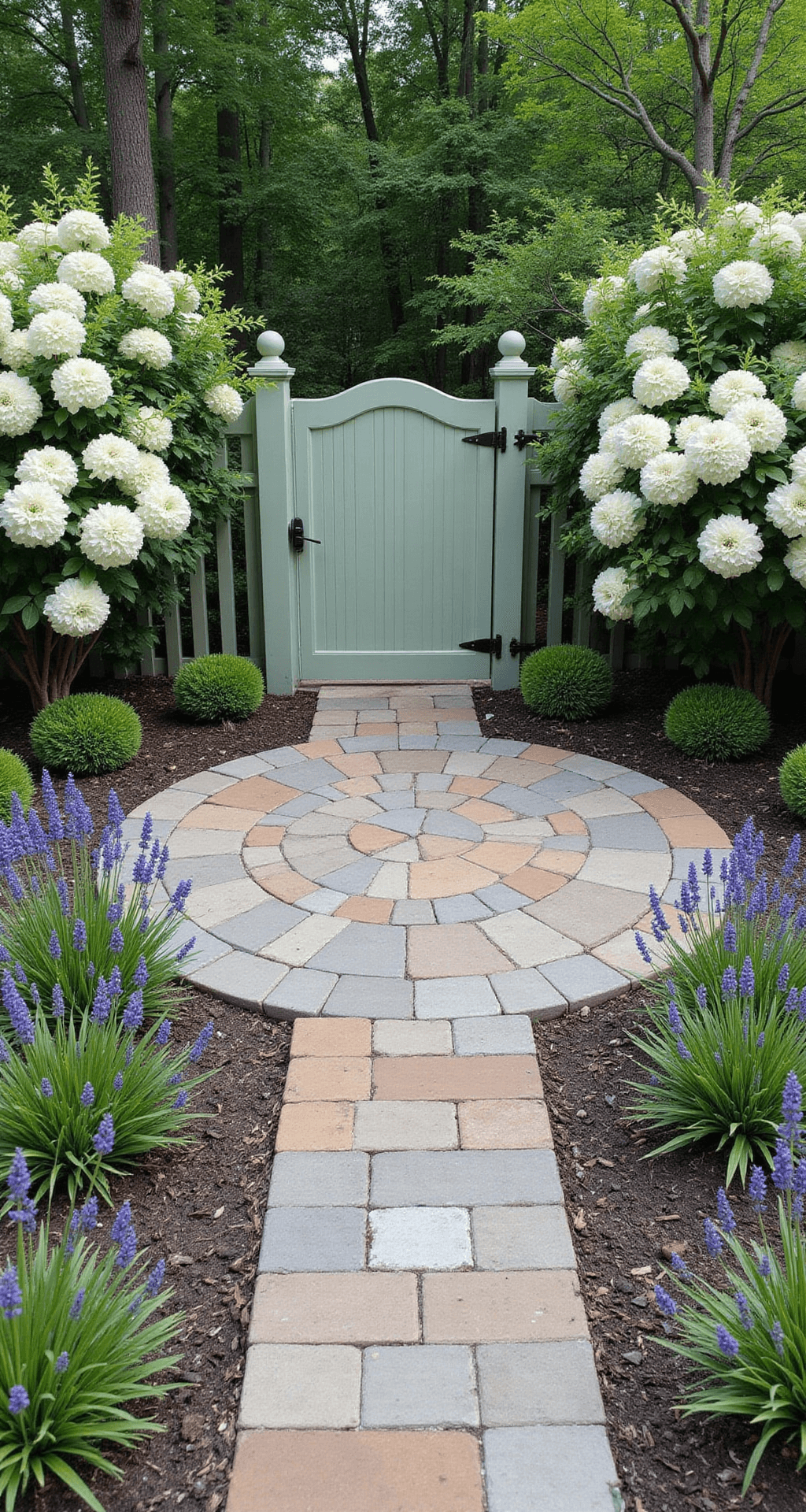 Cottage Garden Gate: Your Enchanting Entryway to Garden Magic Overhead drone shot of a garden entrance featuring a sage green scalloped wooden gate, surrounded by a flagstone circular area bordered with English lavender and framed by white flowering dogwood trees, captured in bright midday light.