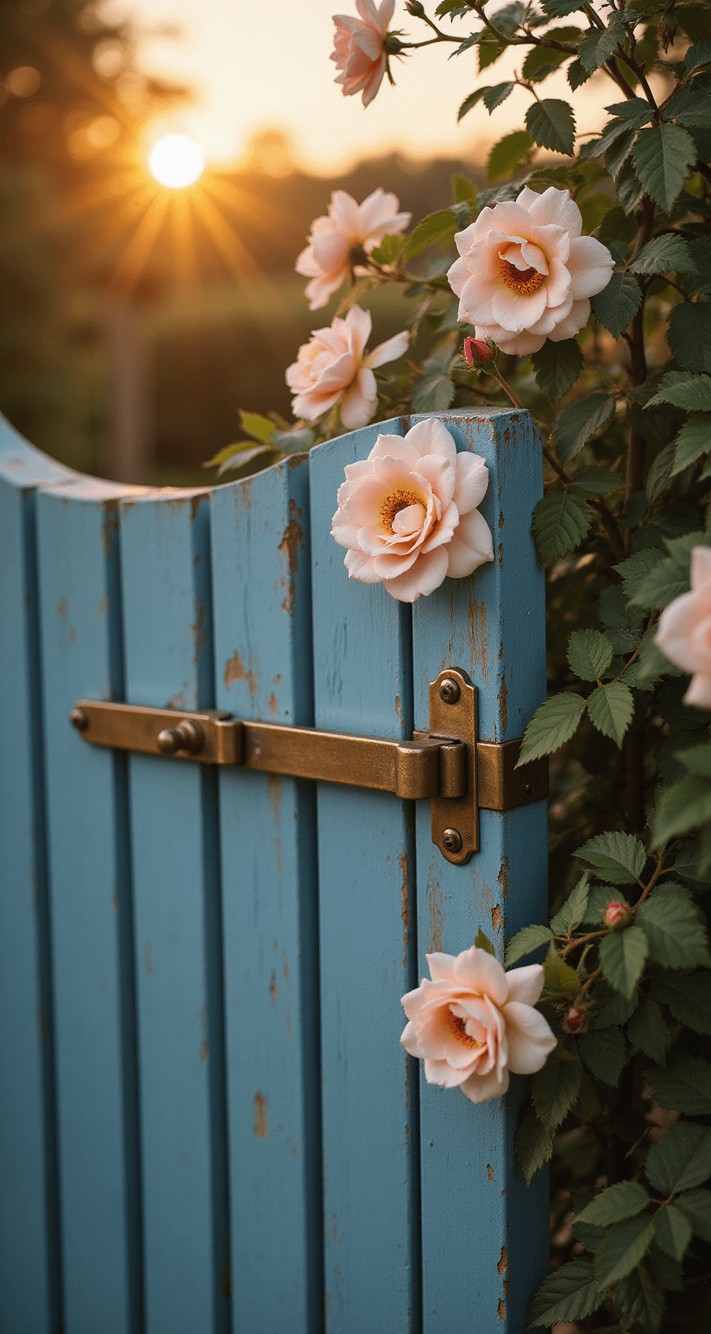 Cottage Garden Gate: Your Enchanting Entryway to Garden Magic Close-up of antique brass latch and hinges on weathered blue-painted wood, adorned with pale pink 'New Dawn' roses at sunset; warm golden light highlights hardware details against a soft focus of flowers.