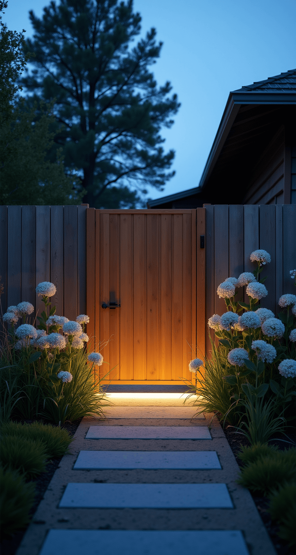 Cottage Garden Gate: Your Enchanting Entryway to Garden Magic Ground-level view of a minimalist cedar cottage gate with integrated LED lighting at twilight, surrounded by white hydrangeas and native grasses, all bathed in cool blue hour light.