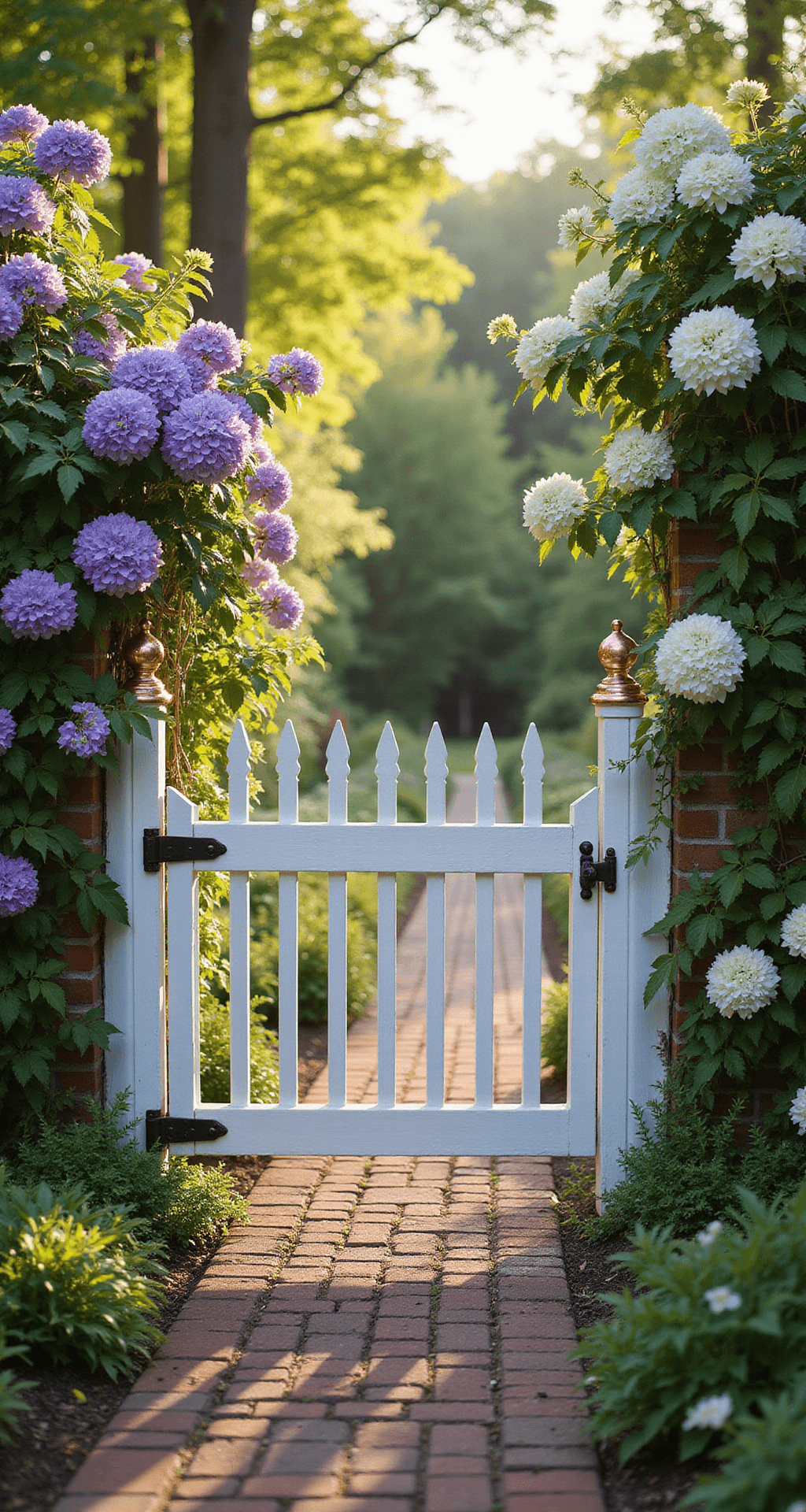 Cottage Garden Gate: Your Enchanting Entryway to Garden Magic A classic four-foot white wooden picket gate with copper cap details is illuminated by backlit morning sunlight, framed by purple clematis and white climbing hydrangea. A brick pathway with established herb borders leads up to the gate, featuring a medium depth of field that highlights both the gate and surrounding garden details.
