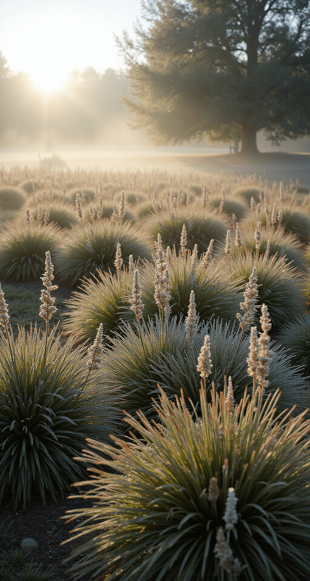 Ornamental Grasses: Transform Your Garden with Texture and Movement A side view of a naturalistic garden bed illuminated by morning sun, featuring odd-numbered groupings of native grasses in a meadow-like setting. Frost-covered seed heads glisten in the foreground, and a subtle morning mist adds atmosphere, all captured with a wide-angle lens.