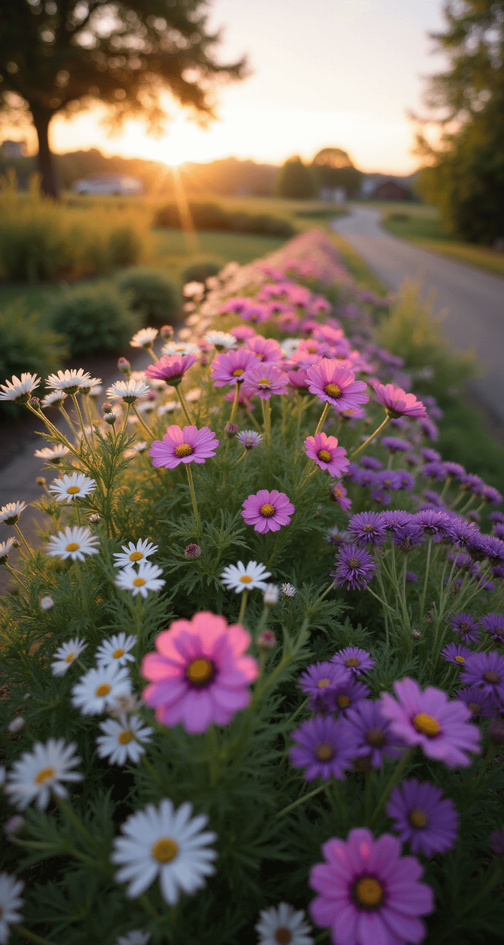 Close-up view of a cottage garden border at sunset, showcasing pink cosmos, purple alliums, and white valerian with vintage wire plant supports. Soft backlight highlights translucent petals, creating a dreamy effect with shallow depth of field.