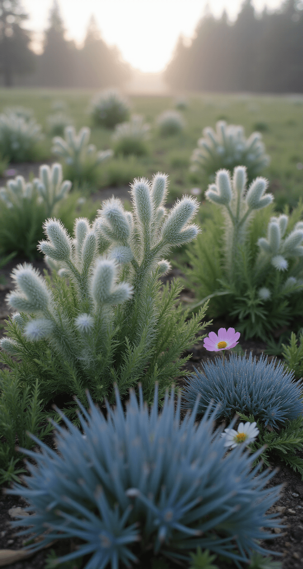 A macro shot showcasing a lush garden scene at ground level, highlighting the fuzzy texture of lamb's ear, the spiky structure of blue sea holly, and the delicate petals of cosmos flowers, all elegantly backlit in a morning haze with a shallow depth of field that emphasizes the rich contrasts and suggests abundant greenery beyond.