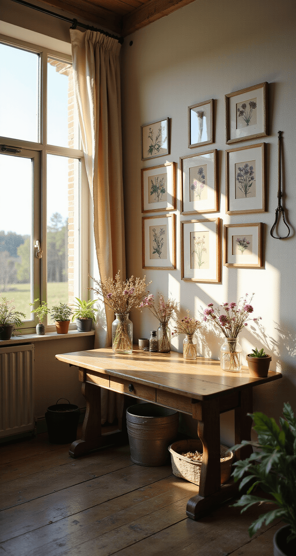 Creating a Stunning Wildflower Garden: Your Ultimate Guide to Natural Beauty A cozy rustic home studio workspace bathed in golden afternoon light, featuring a wide wooden desk with dried wildflower arrangements, floating pressed flower frames on neutral walls, and vintage botanical prints, all set against weathered wooden floors and soft linen curtains.