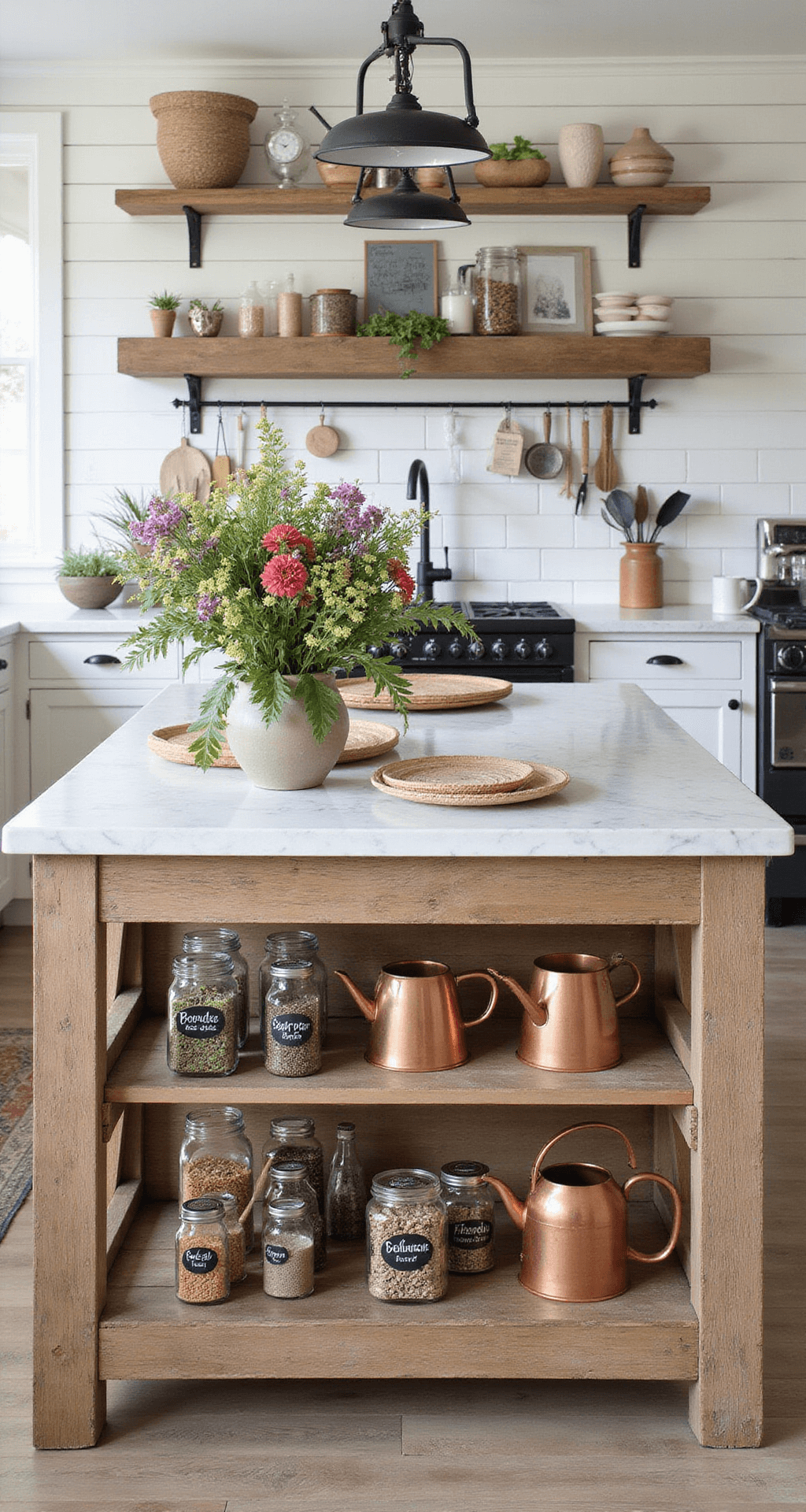 Creating a Stunning Wildflower Garden: Your Ultimate Guide to Natural Beauty A modern farmhouse kitchen featuring white shiplap walls and matte black fixtures, with a central island showcasing organized seed storage in glass jars and terracotta pots, under early morning light. Copper watering cans and a fresh wildflower bouquet add color, surrounded by vintage garden tools.