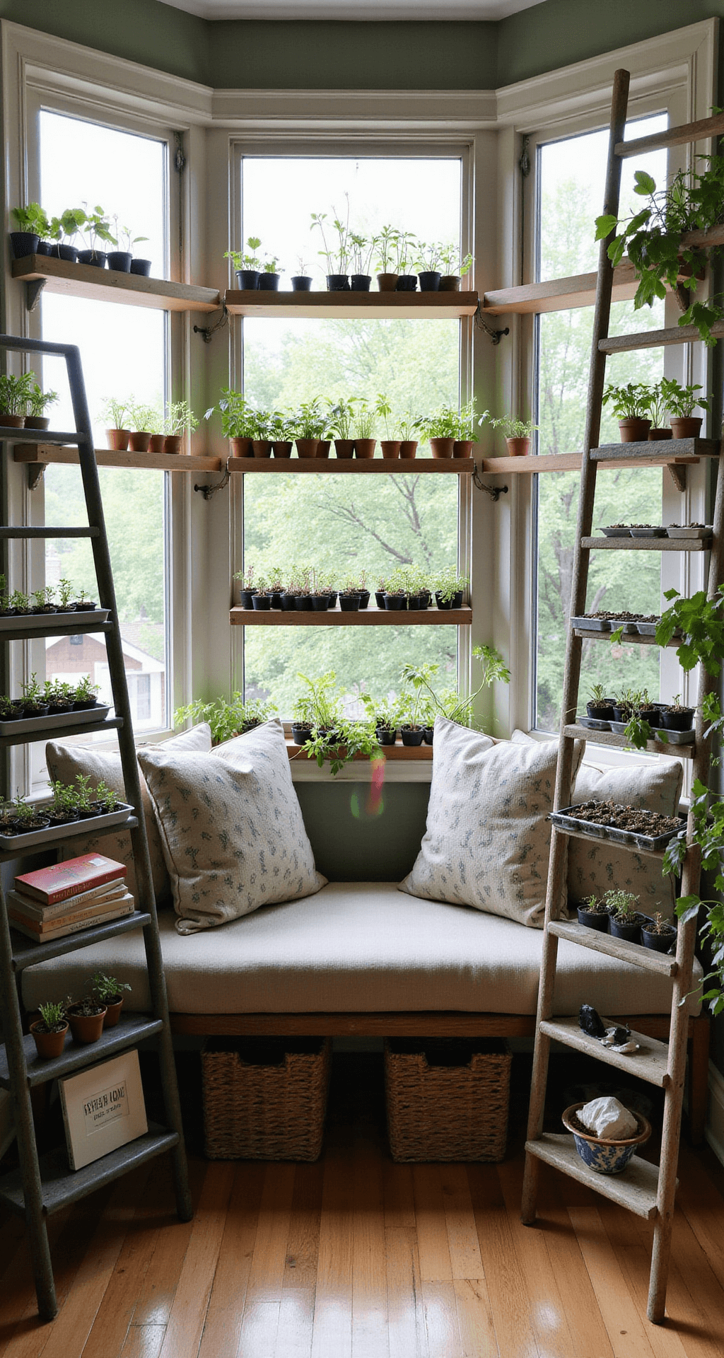 Creating a Stunning Wildflower Garden: Your Ultimate Guide to Natural Beauty Cozy reading nook converted into a seed starting station with a bay window bench, surrounded by floating shelves of propagation trays, vintage ladder with hanging plants, and soft natural lighting, featuring botanical print pillows, gardening books, and rainbow effects from crystal prisms.