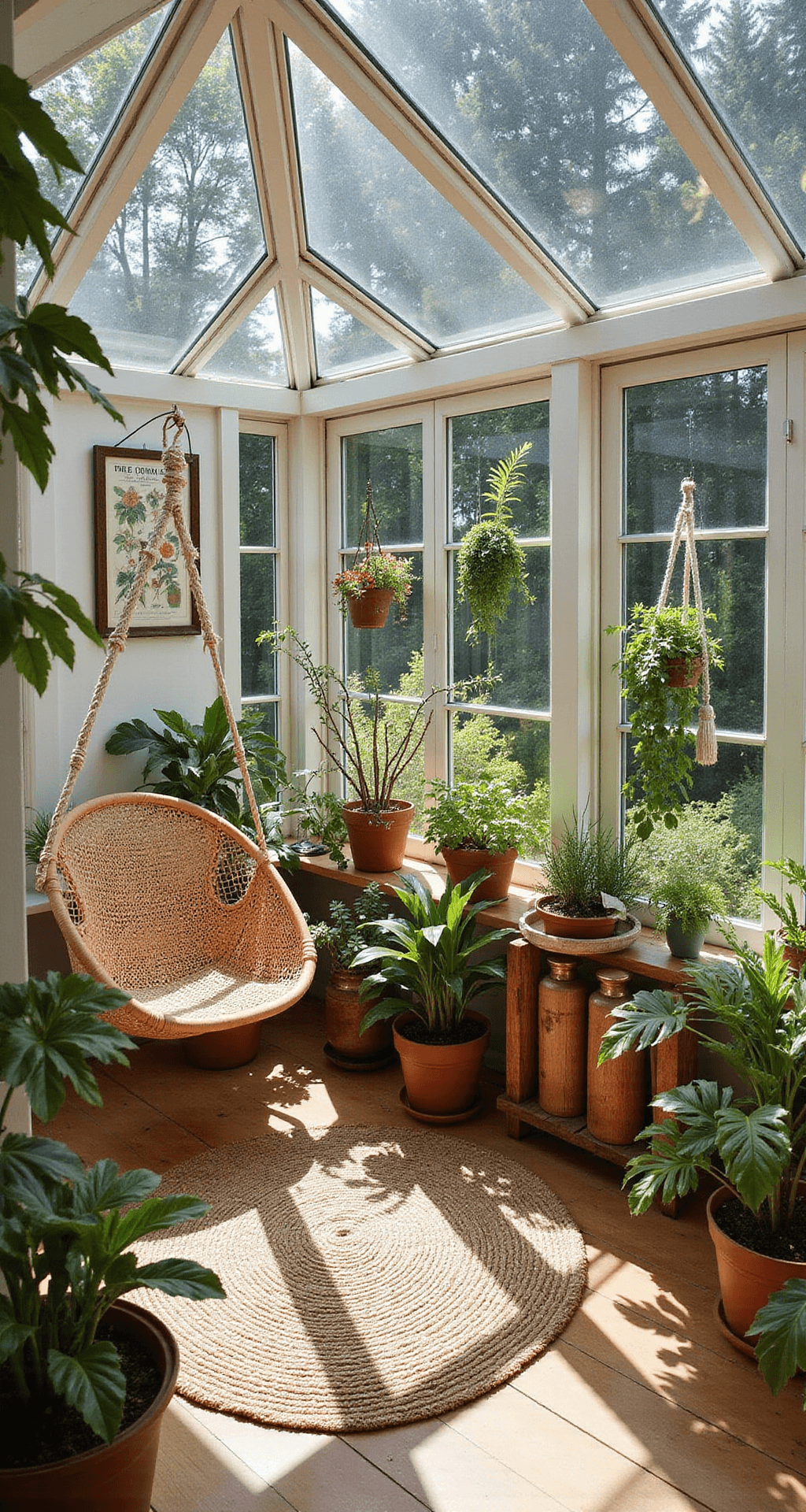 Creating a Stunning Wildflower Garden: Your Ultimate Guide to Natural Beauty A bohemian sunroom transformed into an indoor garden sanctuary, featuring a rattan hanging chair surrounded by potted native wildflowers, macramé plant hangers, and reclaimed wood plant stands. The space, bright and airy with earth tones and splashes of wildflower colors, is illuminated by midday sun filtering through greenhouse windows, casting dramatic plant shadows on a natural jute rug, with vintage botanical posters and brass misting bottles accenting the decor.