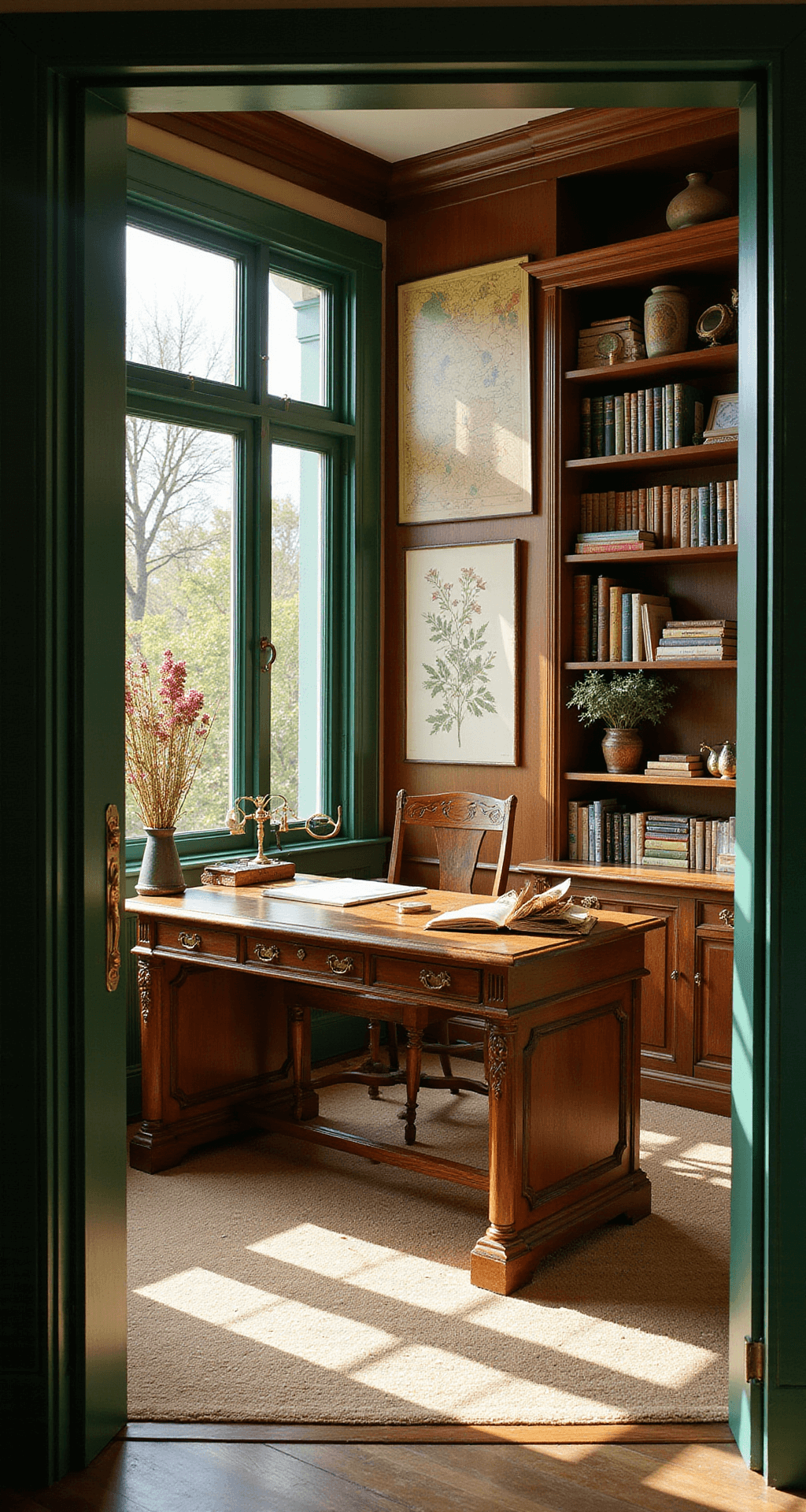 Creating a Stunning Wildflower Garden: Your Ultimate Guide to Natural Beauty A Victorian-inspired garden planning room bathed in morning golden hour light, featuring an antique writing desk under tall windows, a gallery wall of vintage maps and pressed flower art, and built-in bookshelves filled with gardening references. The rich wood tones, emerald green accents, and brass details create a warm atmosphere, highlighted by magnifying glasses, leather-bound journals, and dried flower bundles, with dramatic shadows and light beams enhancing the scene.