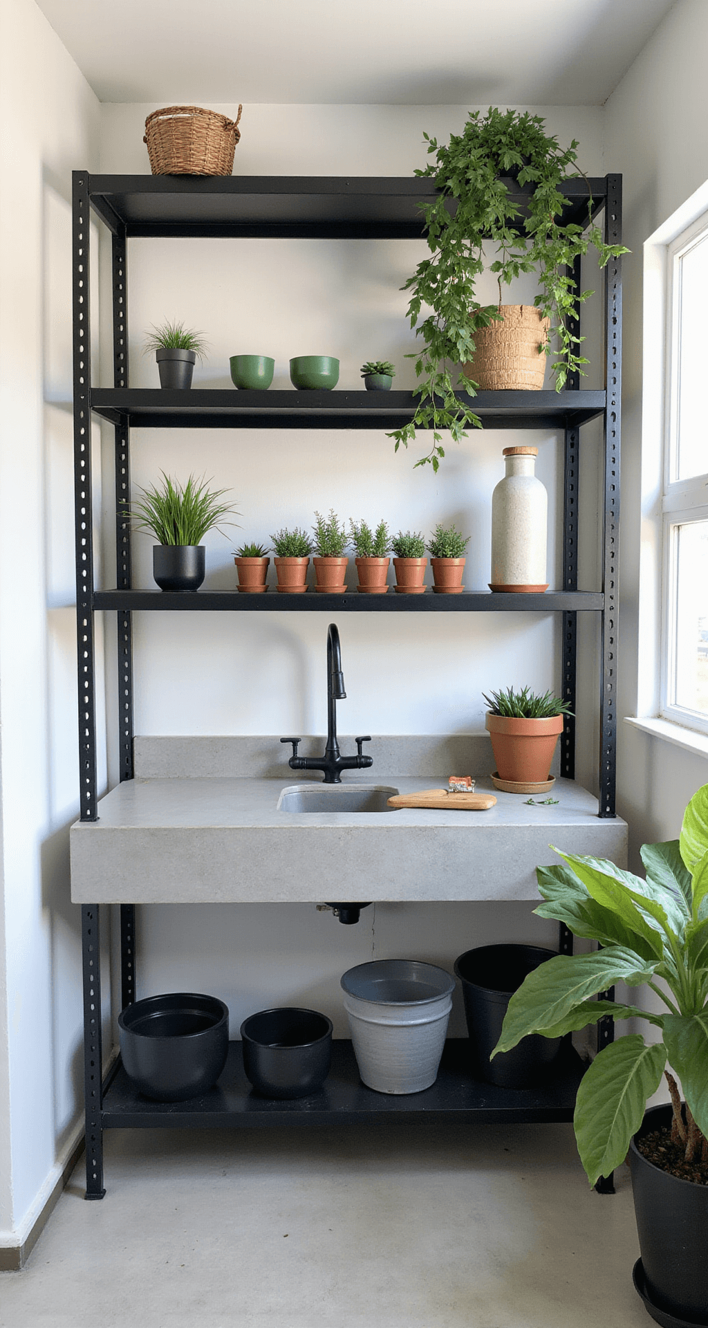 Creating a Stunning Wildflower Garden: Your Ultimate Guide to Natural Beauty Contemporary minimalist potting station with black steel shelving, concrete countertop, and geometric planters, bathed in soft afternoon light, highlighting clean lines and green accents.