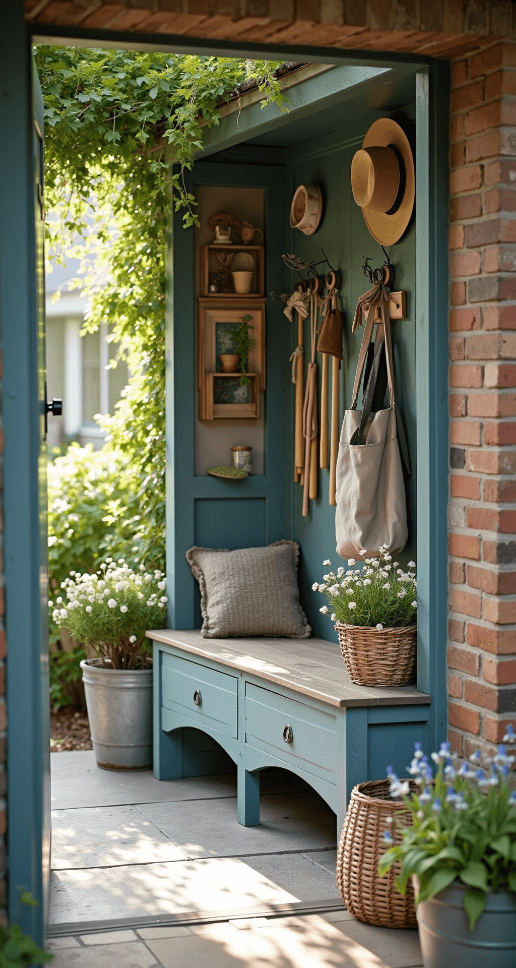 Creating a Stunning Wildflower Garden: Your Ultimate Guide to Natural Beauty A cozy cottage-style mud room garden entrance featuring vintage lockers for garden tools, weathered brick walls, and slate flooring. The space includes a built-in bench with storage drawers, hooks with sun hats and garden aprons, complemented by galvanized containers, woven baskets, and fresh-cut wildflowers, all illuminated by warm, dappled morning light.
