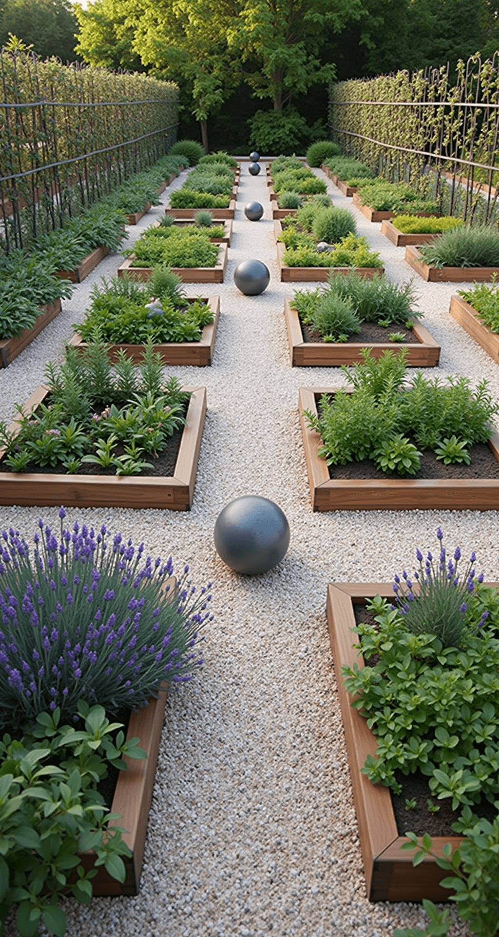Creating a Modern Cottage Garden: Your Ultimate Design Guide A formal potager garden at morning light featuring geometric raised beds made of weathered oak, filled with herbs and vegetables, a modern armillary sphere as the central focal point, gravel paths lined with lavender, and espaliered fruit trees on contemporary wire supports, shot from an elevated position to showcase the geometric layout, styled with vintage garden tools and zinc plant markers.