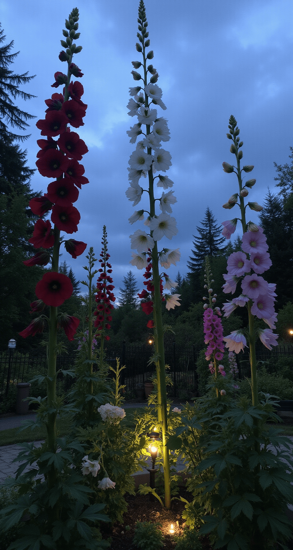 A low-angle view of a cottage garden at dusk, featuring tall hollyhocks and delphiniums reaching towards a moody sky. Moonflowers are opening on a black wrought iron obelisk, with cool evening light highlighting silhouettes and warm garden lights illuminating the base of the flowers.