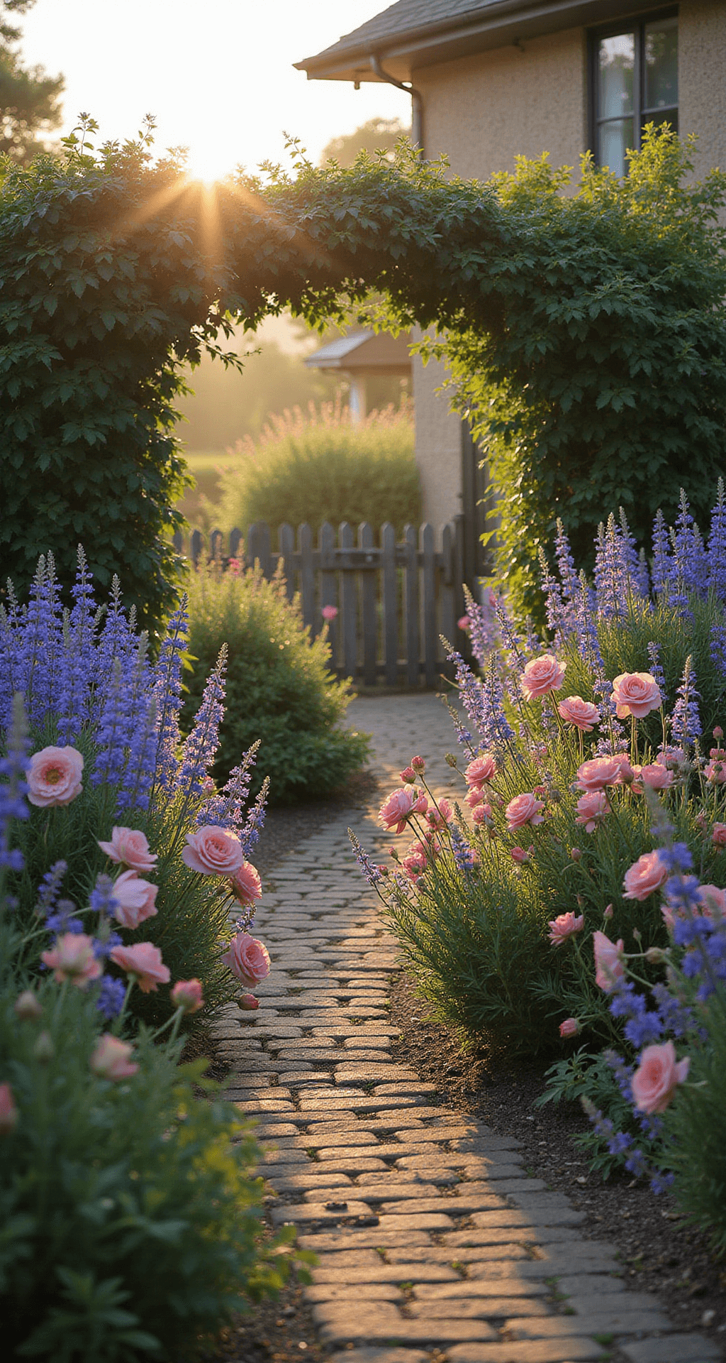 Wide-angle view of a lush cottage garden at golden hour, with pink David Austin roses and purple delphiniums surrounding a weathered brick pathway, bordered by lavender, illuminated by warm sunlight and dewdrops; a vintage iron gate entwined with clematis frames the scene, showcasing layered greenery and a soft bokeh effect.